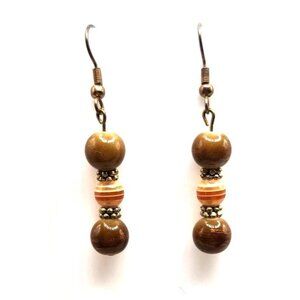 Brown  Cream Glass Beaded Dangle Earrings On Hook